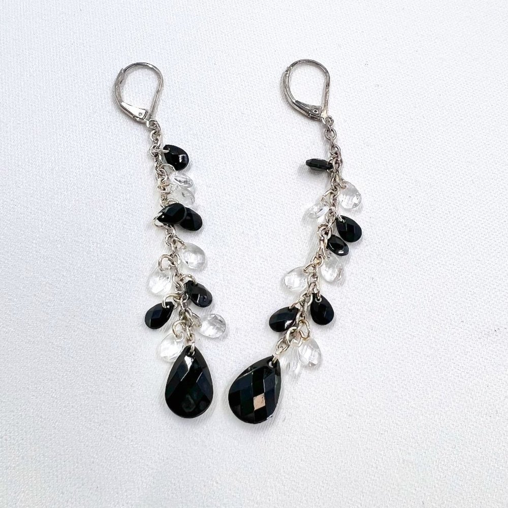 NWOT – Silver Tone Black and Crystal Teardrop Beaded Dangle Leverback Earrings